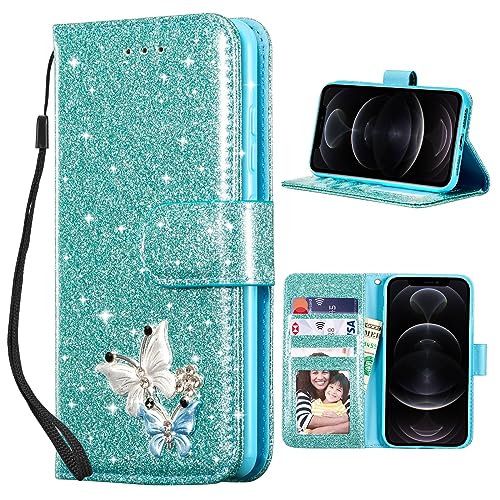 Étui iPhone 17 portefeuille pailleté avec rabat et rangements de cartes
