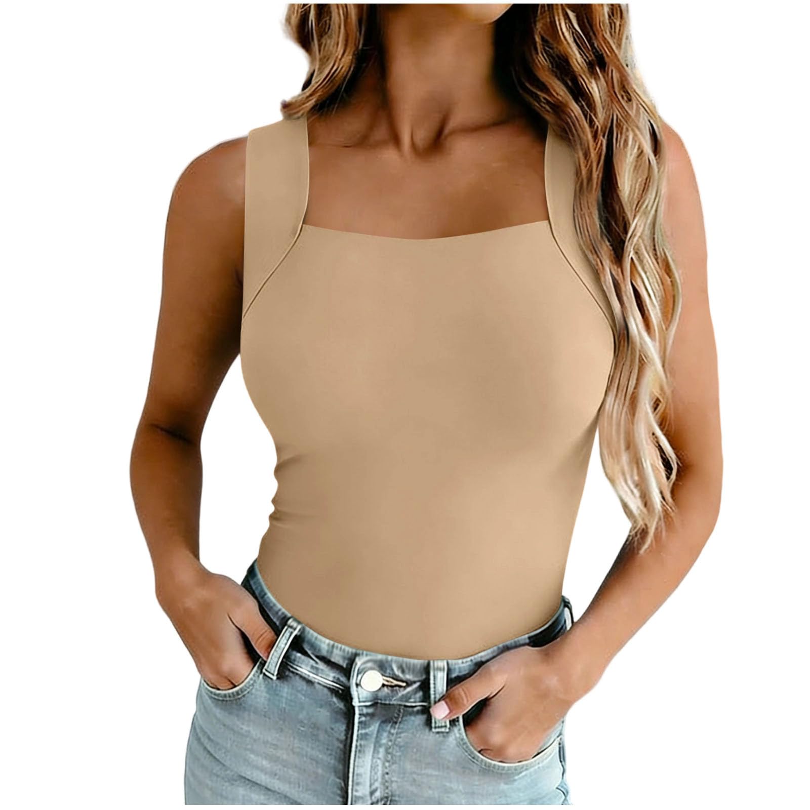 Women's Square Neck Tank Tops Sleeveless Crop Top with Chest Pad Seamless Stretch Cami Tanks Shirts Summer Basic Tight Tees — view 11
