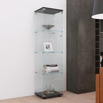 4 Shelves Glass Display Cabinet with Door, Curio Collection Display Case for Home Office, Floor Standing Bookshelf Corner Cabinet Upgrade Assembly Black