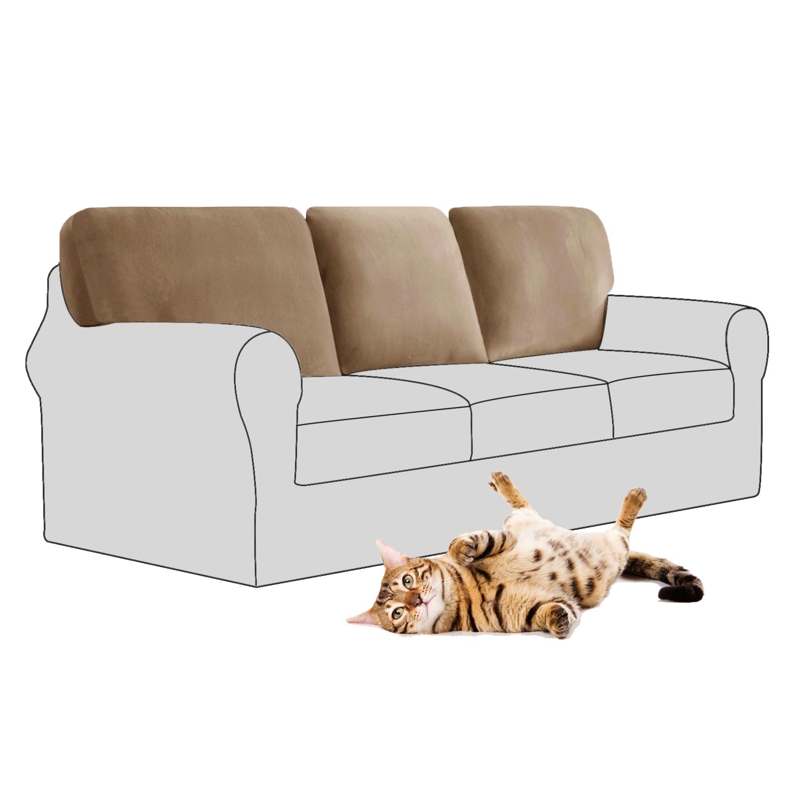 SYLC Stretch Velvet Sofa Backrest Cover, Back Cushion Covers Non-Slip Sofa Cushion Slipcovers for Couch Chesterfield Caravan RV Dinette (Sand,3 pcs Square L)