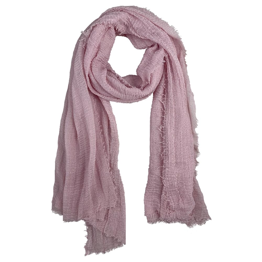 Summer Cotton Blend Crinkle Vintage Soft Scarf with Fringed Edges 35" × 70"
