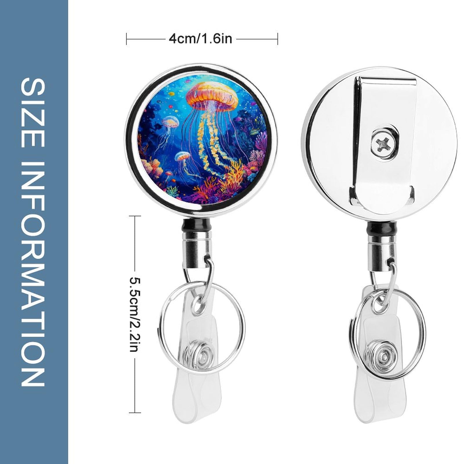Seabed Jellyfish Retractable Badge Holder Metal ID Name Holder Key Ring with Belt Clip