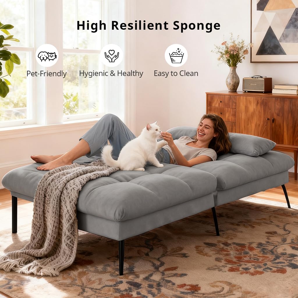 COMHOMA 72″ Convertible Futon Sofa Bed, Adjustable Backrest, Grey | Breathable Fabric Futon Couch with Pillows,Multi-angle Ergonomic Reclining,Space-saving Sleeper Sofa for Living Room