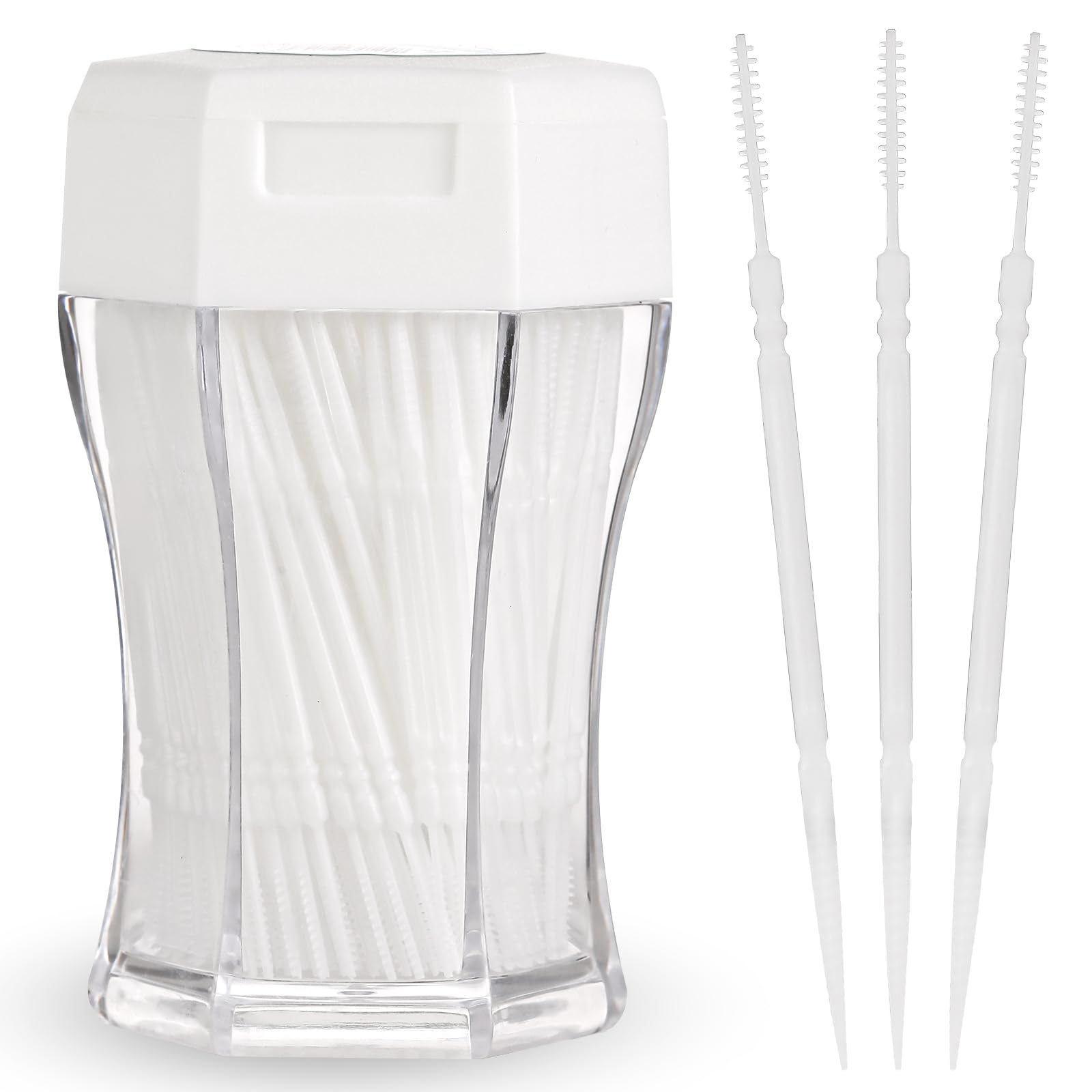 Ptwola 200Pcs Brushpicks 2-in-1 Interdental Brushes Toothpicks for Teeth Portable Soft Bristle Floss Picks in Clear Plastic Storage Box Double Sided Party of Adults Children