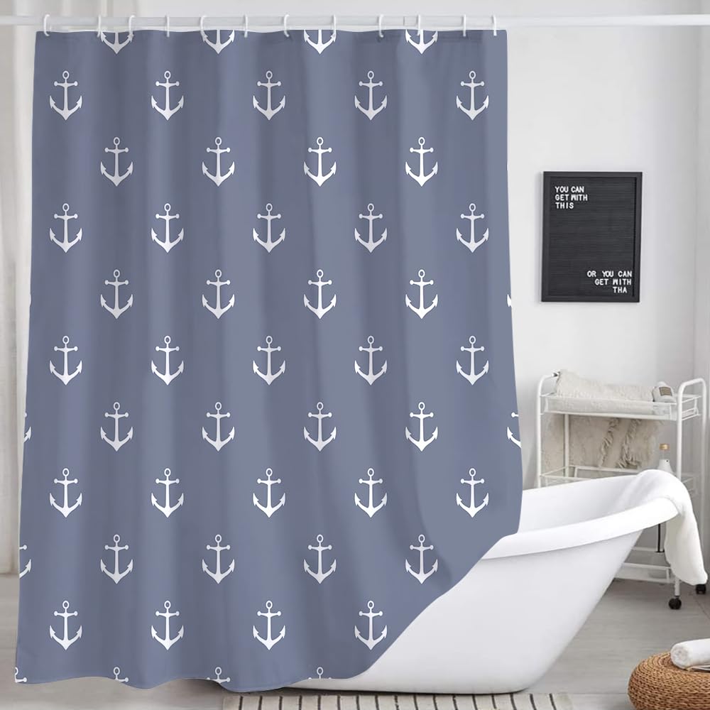 DYNH Nautical Anchor Fabric Shower Curtain for Bathroom, Blue and White, Decorative Shower Curtain Set, Toilet Decoration Accessories, Hooks Included, 72" x 72"