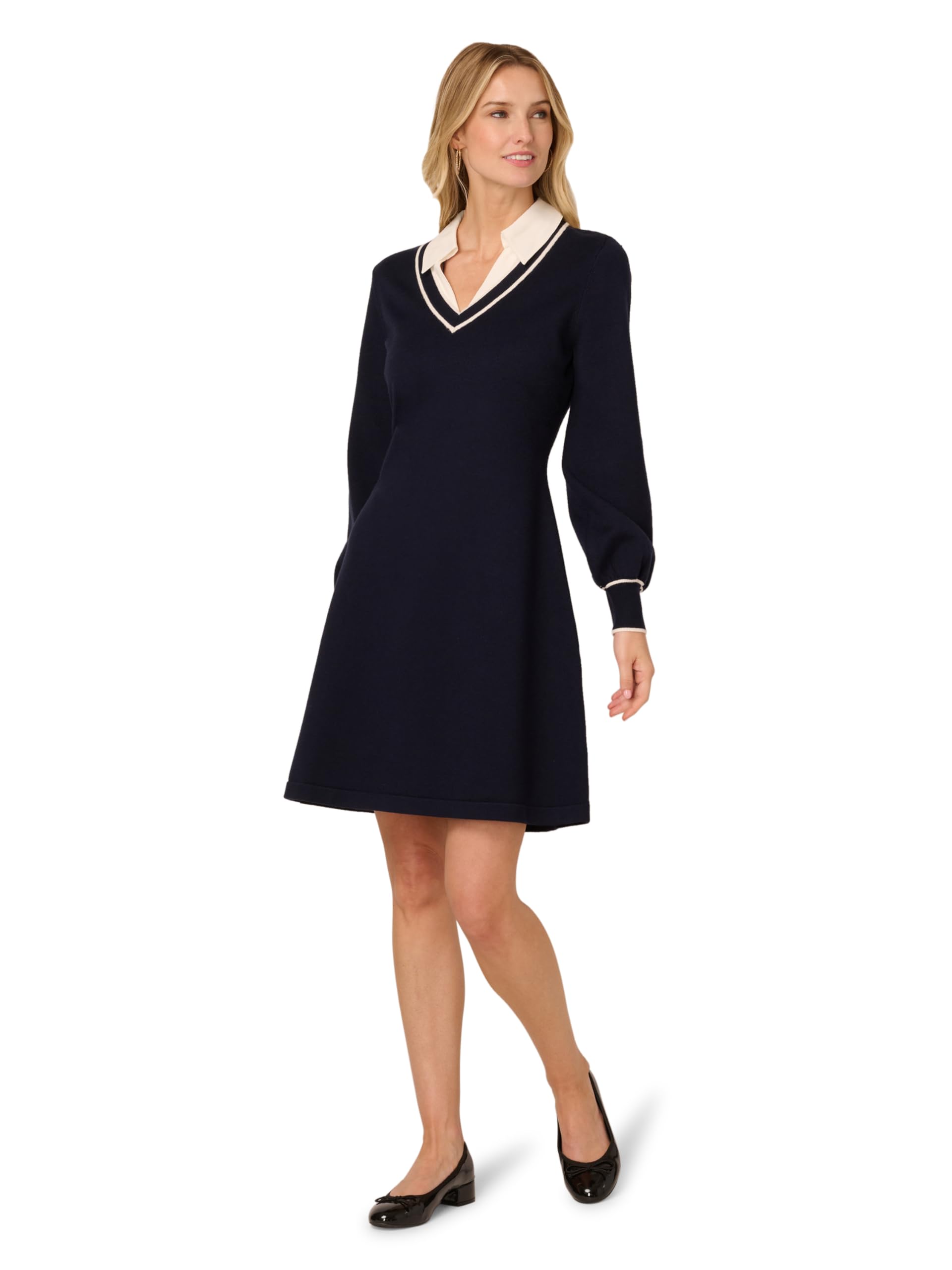 Adrianna Papell Women's V-Neck Long Sleeve Sweater Dress with Contrast Tipping, Blue Moon/Ivory, M