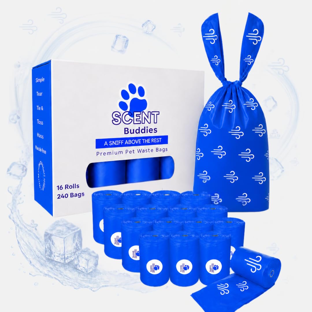 Scent Buddies NEW Artic Aura Scented Dog Poo Bags with Handles Extra Thick Opaque 20 Micron Leakproof Blue Poop Bags for Large Dogs Biodegradable Waste Carrier Box of 16