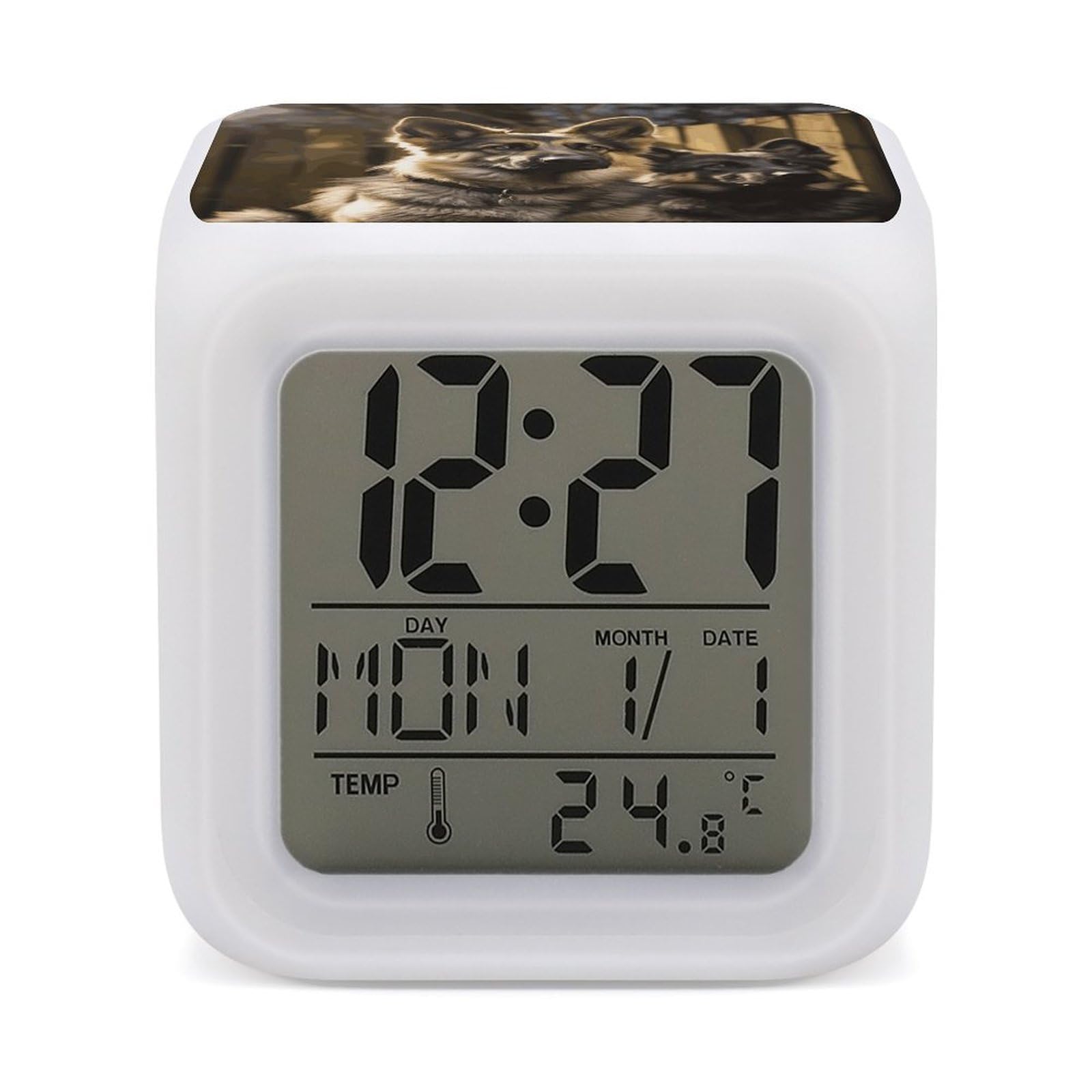 JTREHY 7 Color Changing LED Digital Alarm Clock,German Shepherd Printed Wake-up Clock with Temperature Display Home Decoration Alarm Clock for Bedroom Office