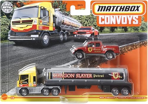 Miniatura 6 de Matchbox Convoys - Coches coleccionables de la serie fundida a presión, MBX Cabover Tanker Dragon Slayer Pastilla de gasolina y Badlander