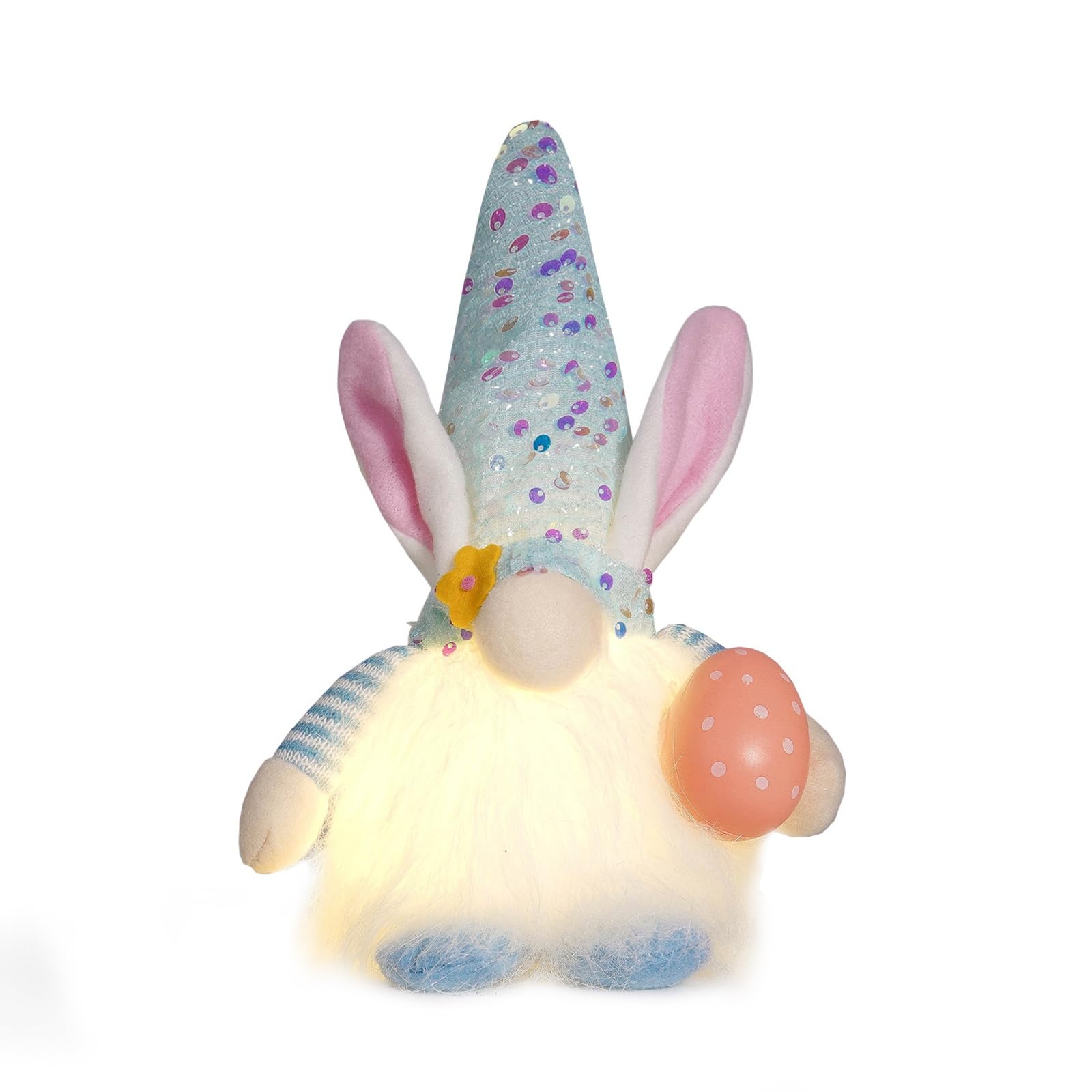 Mrinb Easter Rabbit Ornament with Light, Easter Gonks Gnomes Handheld Easter Egg with Sequin Hat, Easter Faceless Dwarf with Bunny Ears, Handmade Plush Knitted Doll Easter Gifts