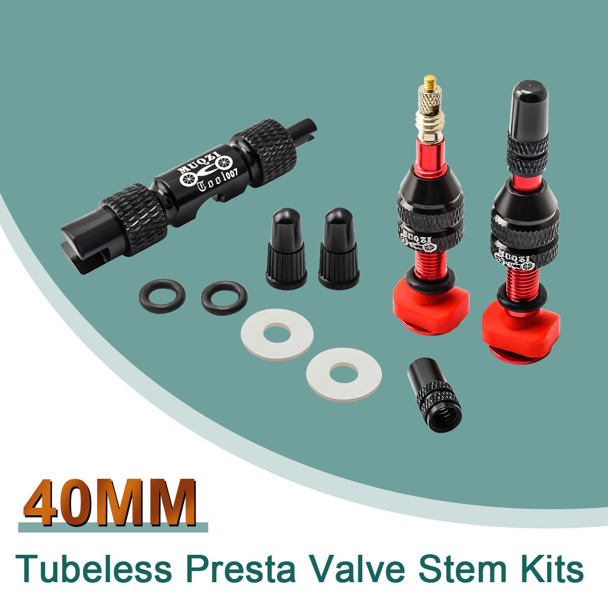 MUQZI Tubeless Valve Kit - No Leak Presta Valve Stems with Integrated Core Remover Tool and Alloy Caps for Bicycle, Red (40mm)