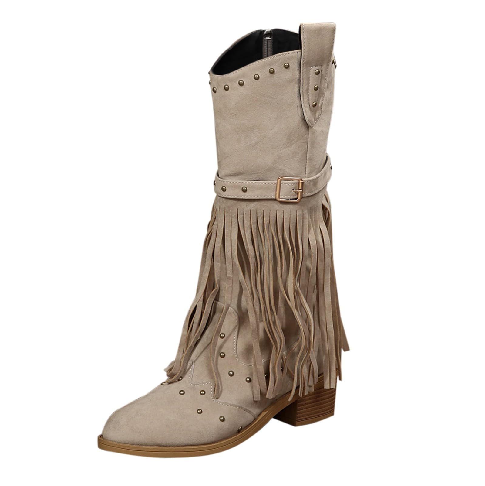 Scarpe Nere con Frange in Pelle Donna Alte Comode - Stivali Cowboy A | Western Donna Con Frange E Borchie Stivali Cinturino E Fibbia Tacco Largo Stivaletti Boho Chic Per Cerimonia