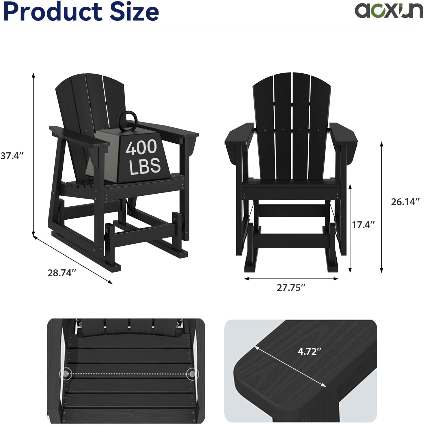 Aoxun Adirondack Outdoor Rocking Chair, HDPE Wood-Like Patio Rocking Chairs with Wide Seat, Porch Glider Chair for Outside, Garden, Lawn, Set of 1, Black