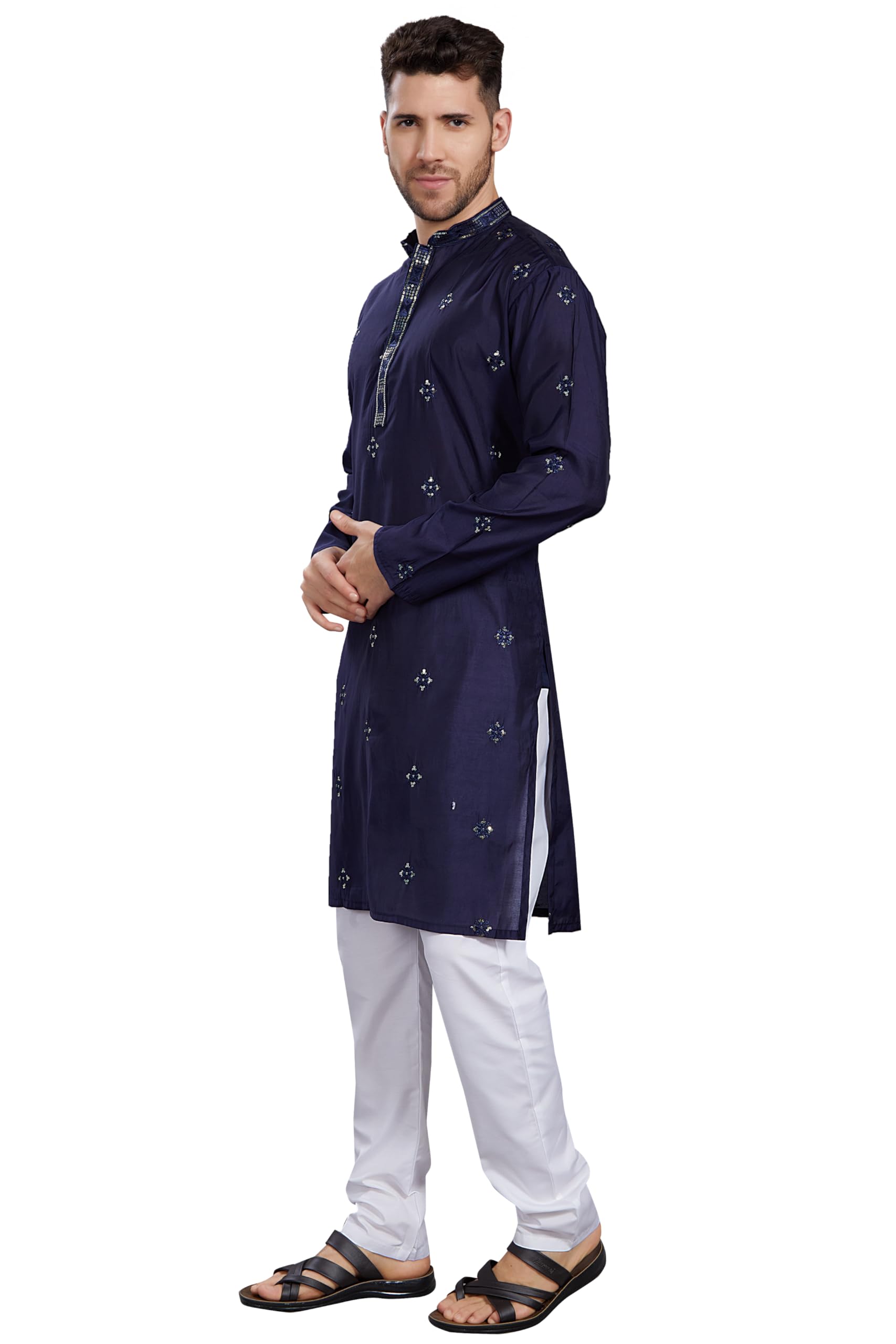 Divisive Men's Embroidered Silk Blend Only Slim Fit Kurta (Dkrt828_S_Navy)