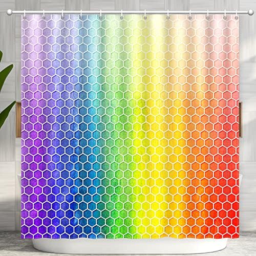 Colored Geometric Shower Curtain, Rainbow Shower Curtain for Bathroom with 12 Hooks, Polyester Textured Fabric Washable Shower Curtains Sets Decorative Waterproof Kids Bath Curtain, Rainbow