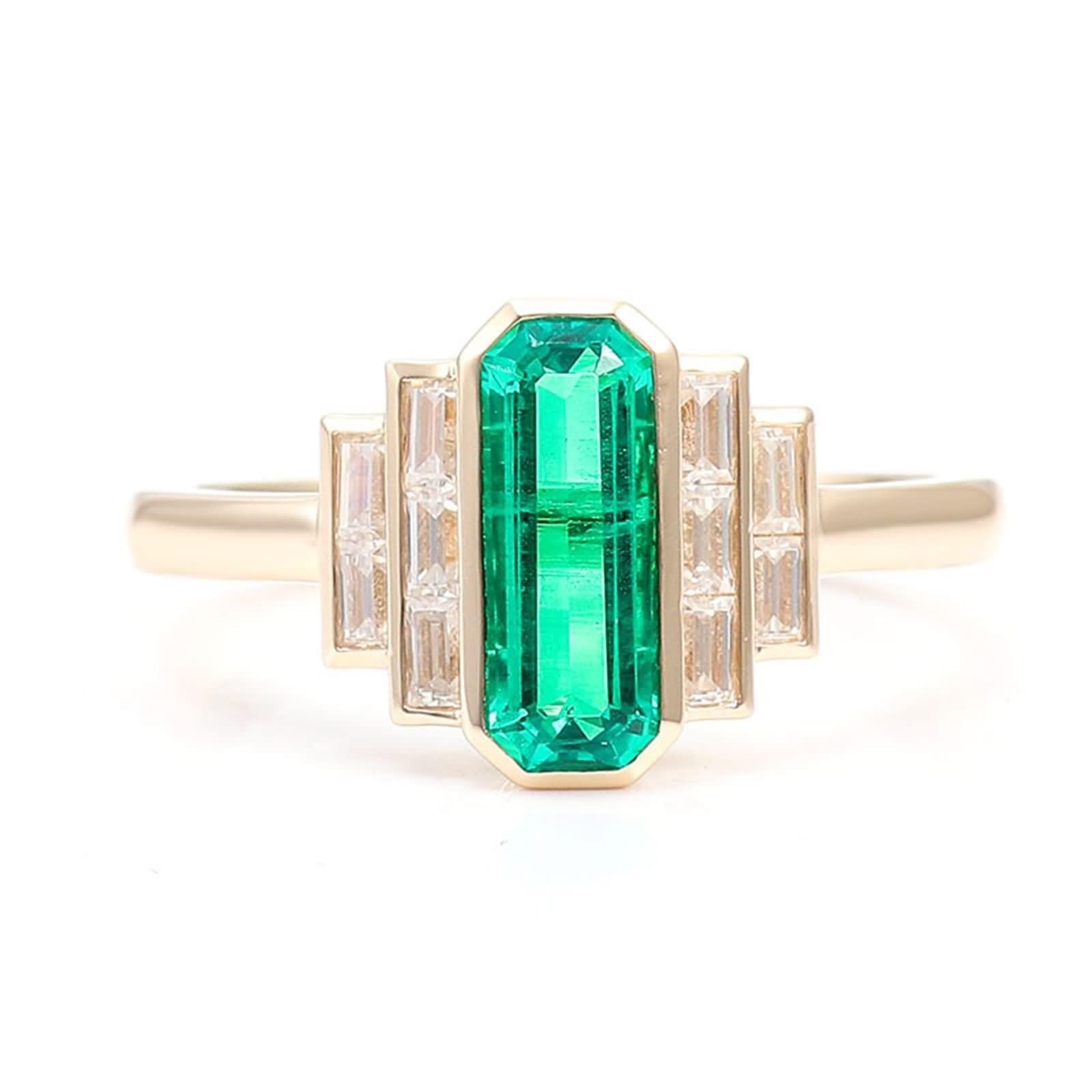 Bague de fiançailles rectangulaire en or jaune 9 carats avec émeraude verte et moissanite pour femme