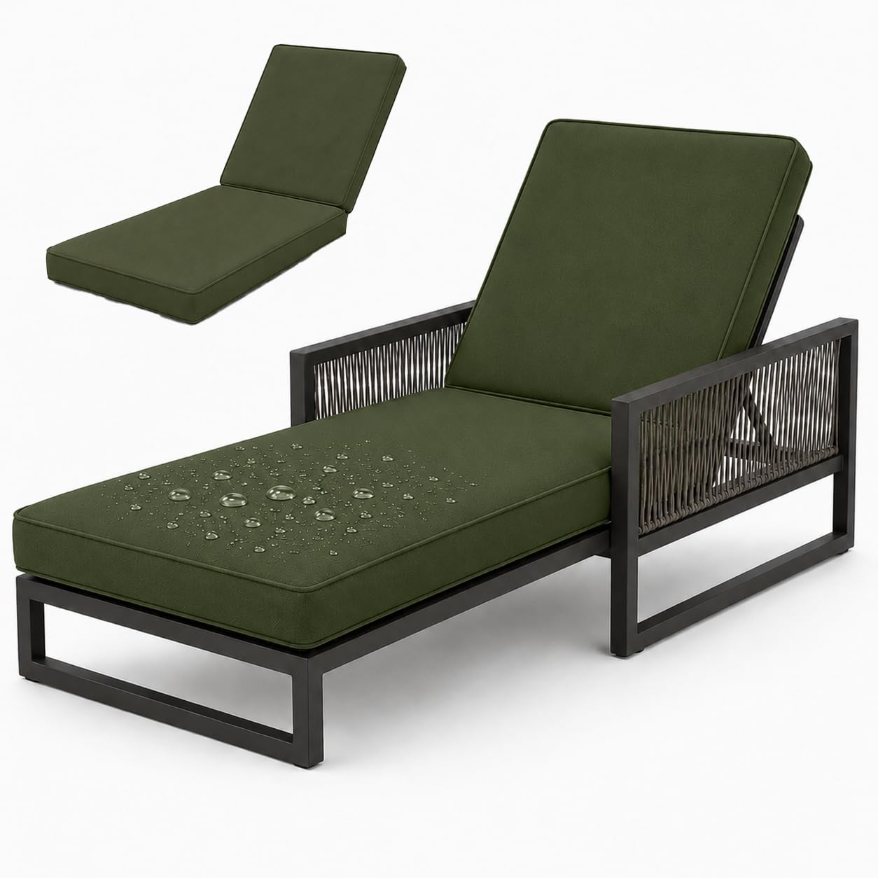 AZMAHT Sunlounger Cushions Only, Waterproof Thick Padded Sun Lounger Cushion for Garden Rattan Chairs, 50D Foam Recliner Replacement Pad with 6 Ties & Piping,Army Green,188x58x5cm