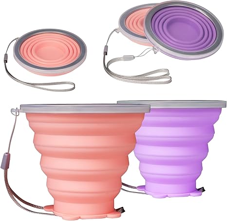 O-CONN 2 Pack Collapsible Cup, Silicone Collapsible Travel Cup, Silicone Folding Camping Cup with Lids Expandable, Drinking Cup for Outdoor Hiking Travel, Outdoor Sports- Portable, Graduated