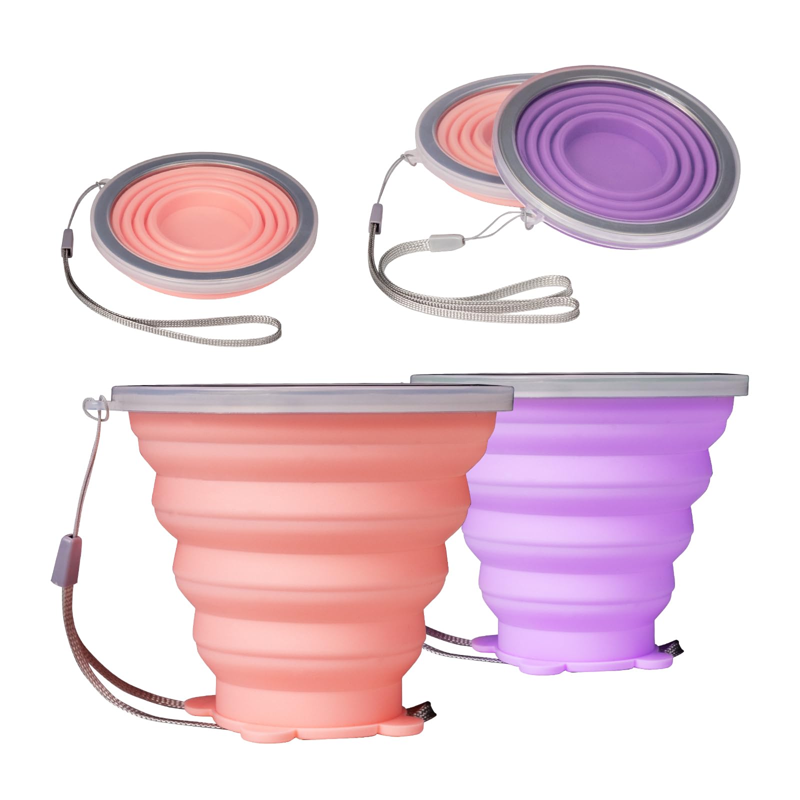O-CONN 2 Pack Collapsible Cup, Silicone Collapsible Travel Cup, Silicone Folding Camping Cup with Lids Expandable, Drinking Cup for Outdoor Hiking Travel, Outdoor Sports- Portable, Graduated