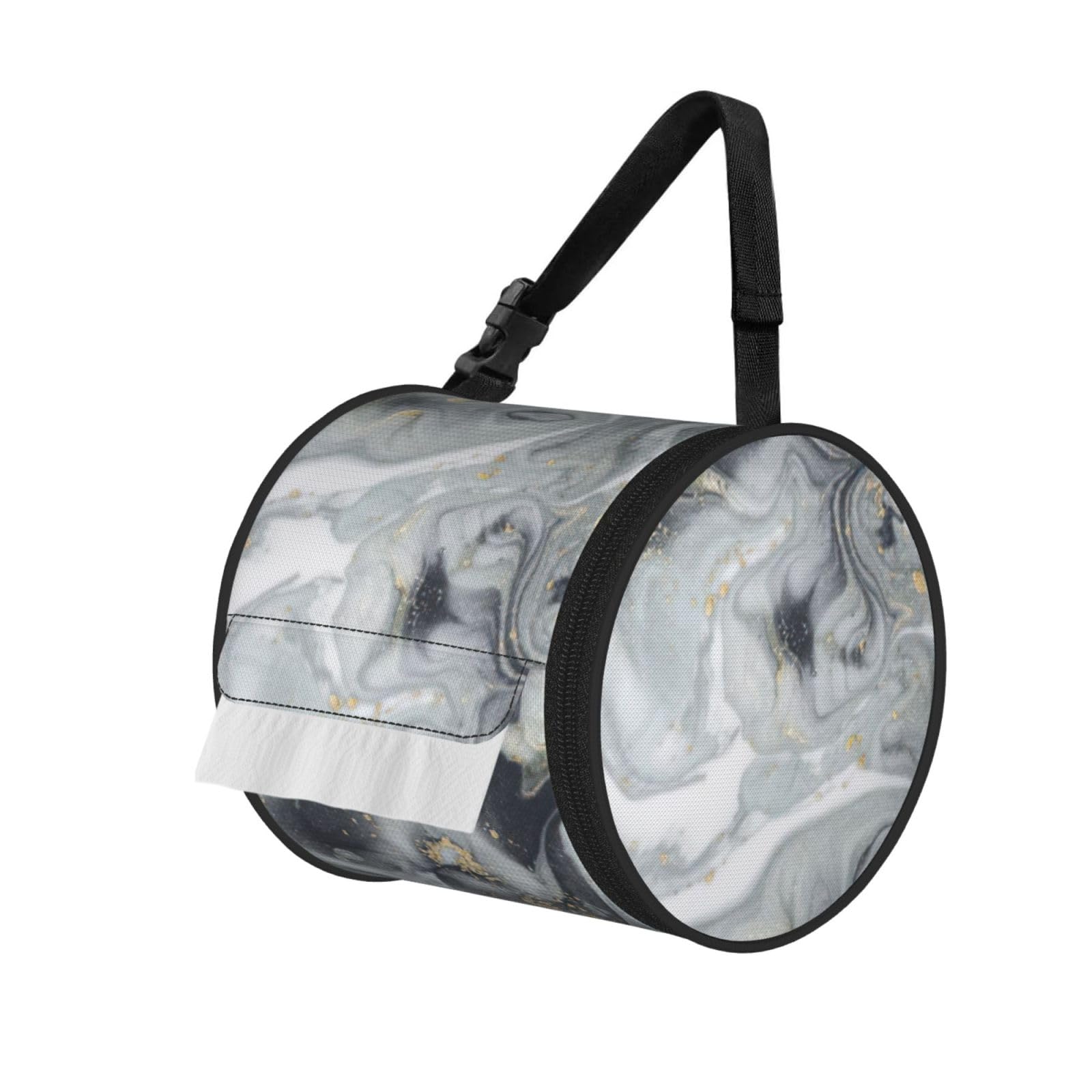 Luxury Marble Print Round Tissue Dispenser Bag With Carry Strap, Portable Roll Holder For Car Travel Home