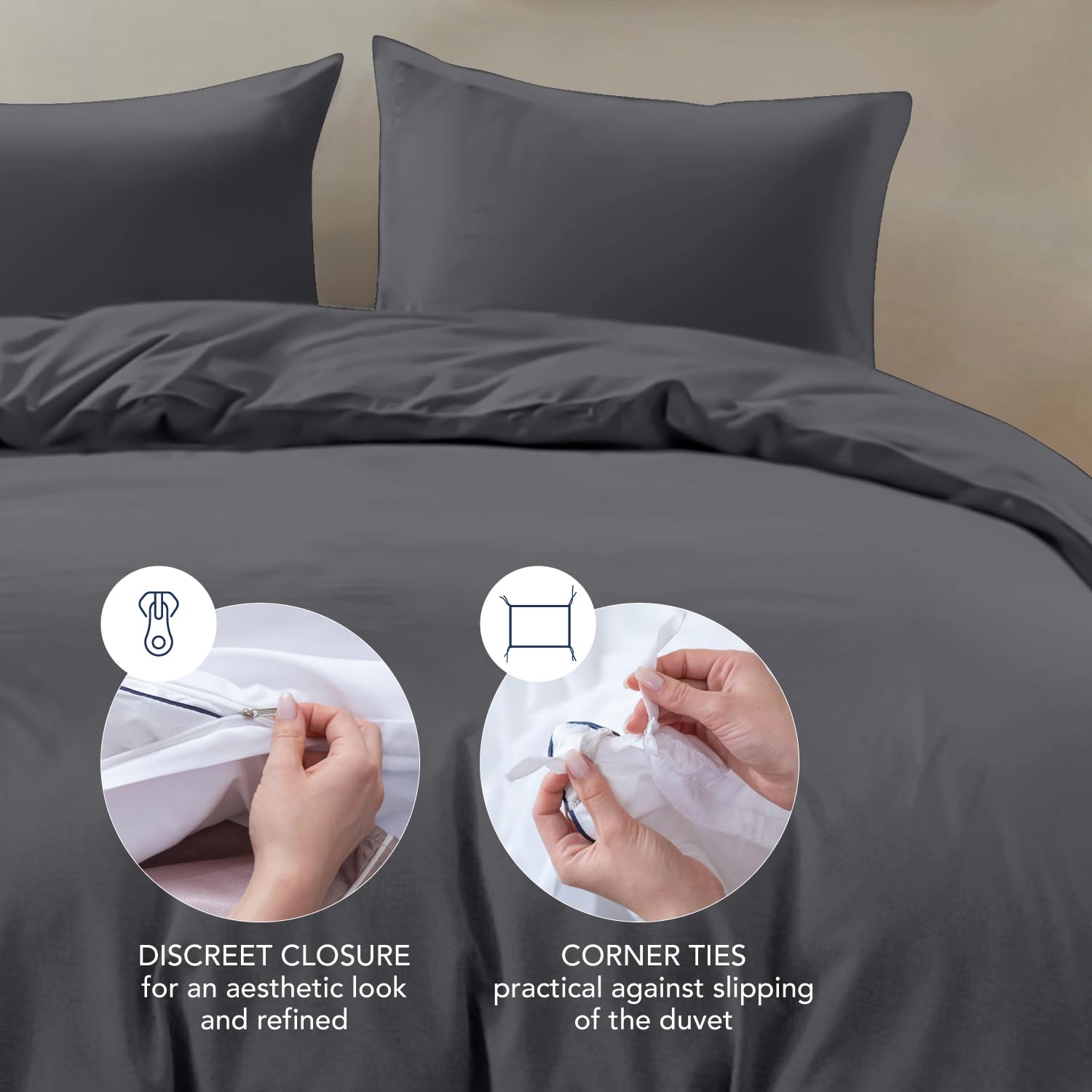 Dreamzie 2 Copripiumino Singolo 135x200 cm con 2 Federe 80x80 cm - Grigio Scuro - Set Copripiumino Singolo 135x200