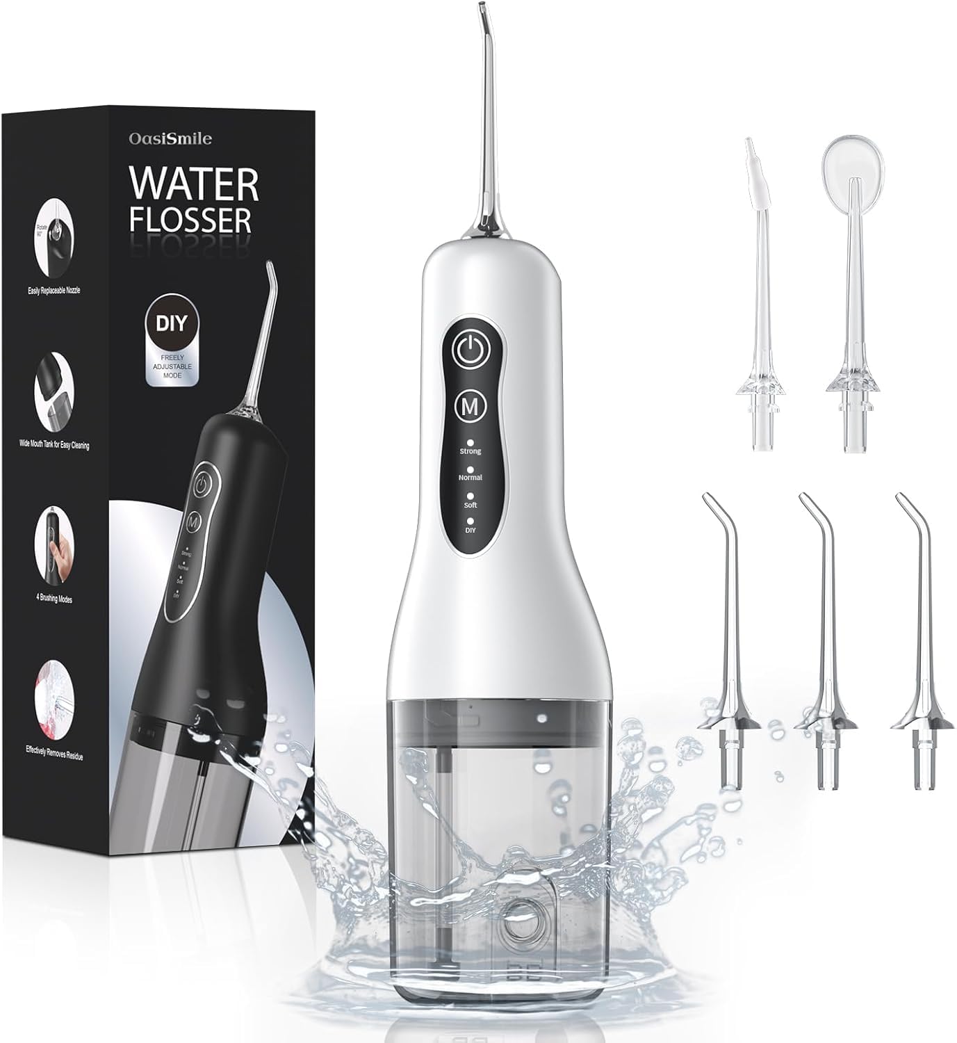 Idropulsore Dentale Portatil, Irrigatore Dentale 4 Modalità e 5 Ugelli Ricambio, Irrigatore Orale per Pulizia Giornaliera e Pulizia Profonda, Water Flosser Adatto per Viaggi e Uso Domestico. Bianco