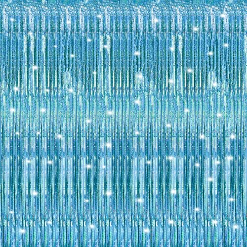 Image of Crosize 7 Pack 3.3 x 9.9 ft Laser Blue Foil Fringe Curtains Party Decorations, Laser Blue Tinsel Curtain Backdrop for Parties, Door Streamers, Glitter Streamer Backdrop for Birthday Decoration