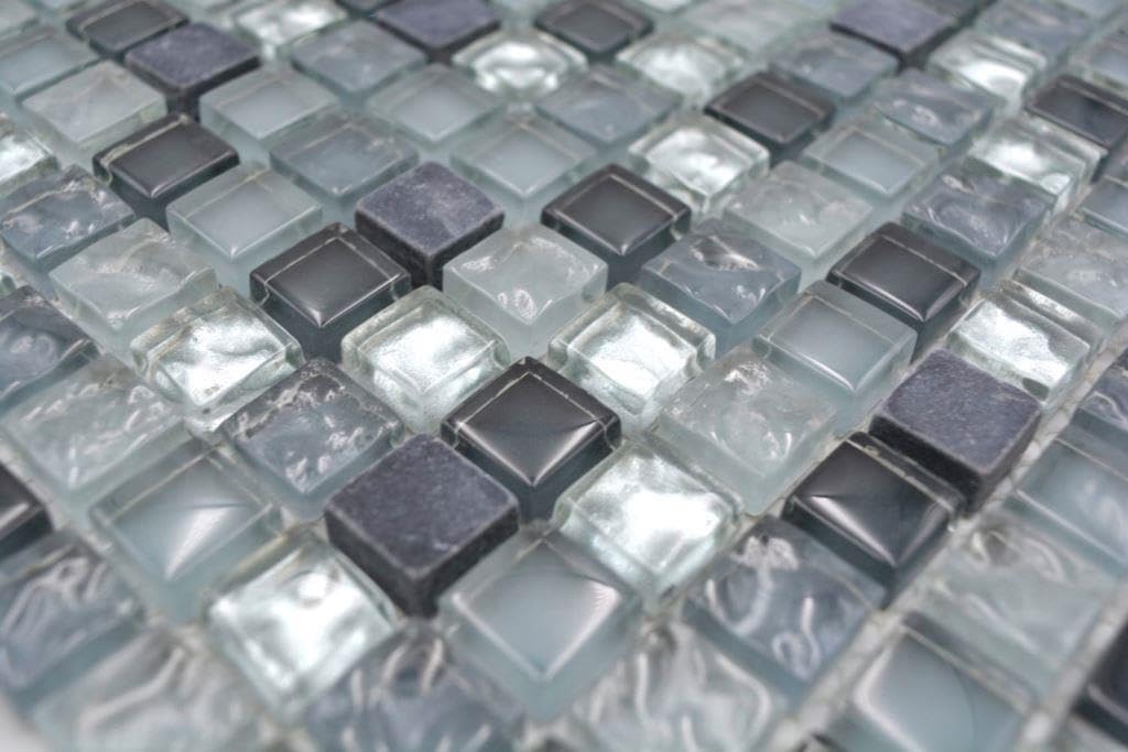 Mosaico di vetro quadrato Crystal/pietra mix trasparente/grigio/argento pietra naturale, 15 x 15 x 8 mm, dimensioni foglio: 322 x 305 mm, 10 fogli