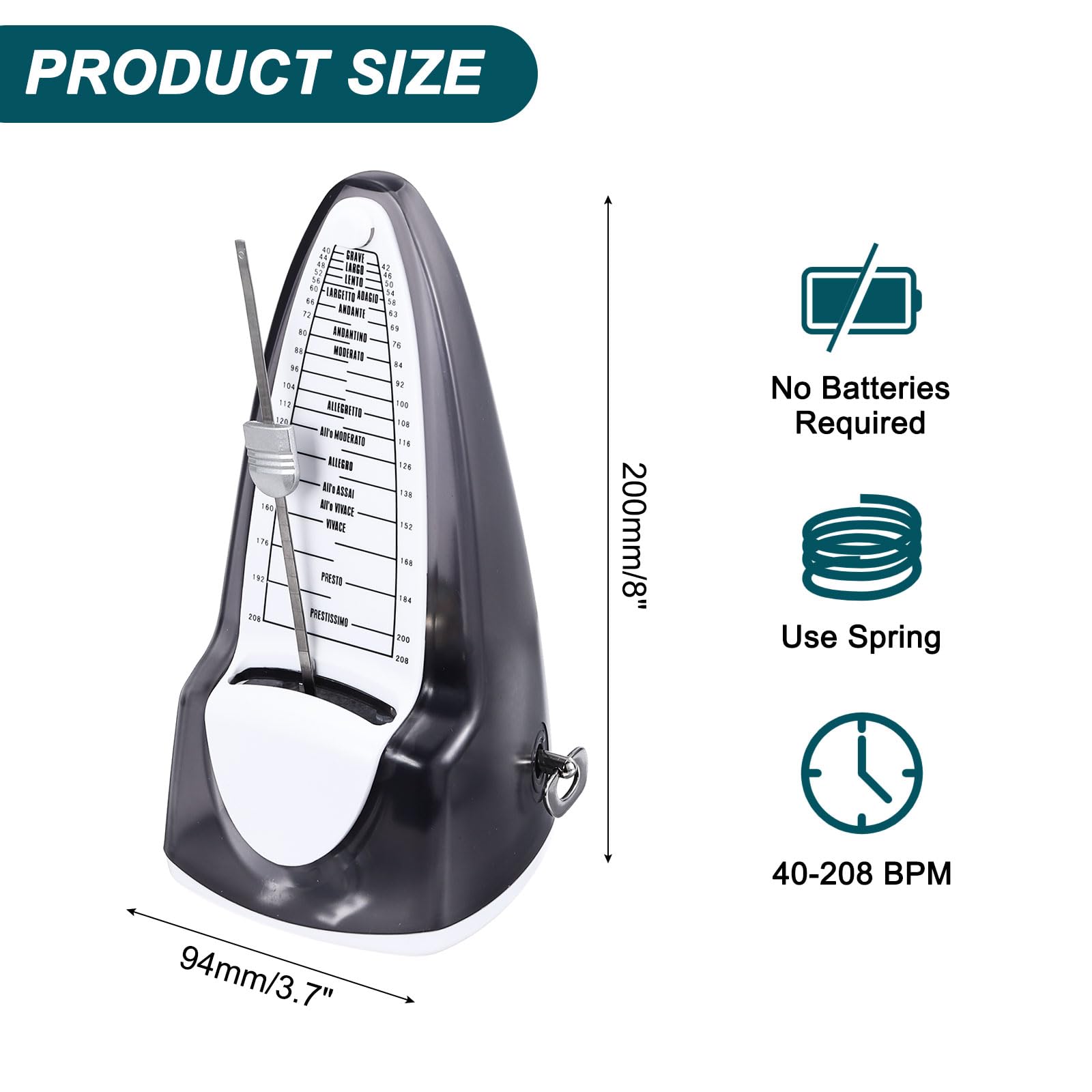 QUARKZMAN Metronomo Meccanico, Alta Precisione Timer Musicale Professionale Metronomo Universale Per Pianoforte Chitarra Violino Ukulele, Trasparente Nero
