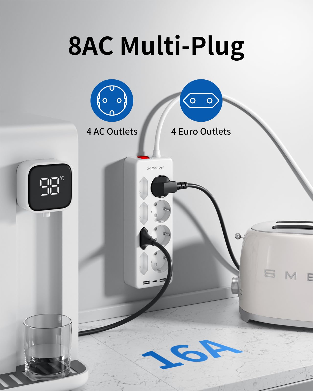 Ciabatta Elettrica Multipresa USB, 8 prese di Corrente e 3 USB, Striscia di Alimentazione Protetta da Sovratensione, presa di da 3 M con Interruttore per Scrivania, Ufficio, Casa, Bianca F(Schuko)