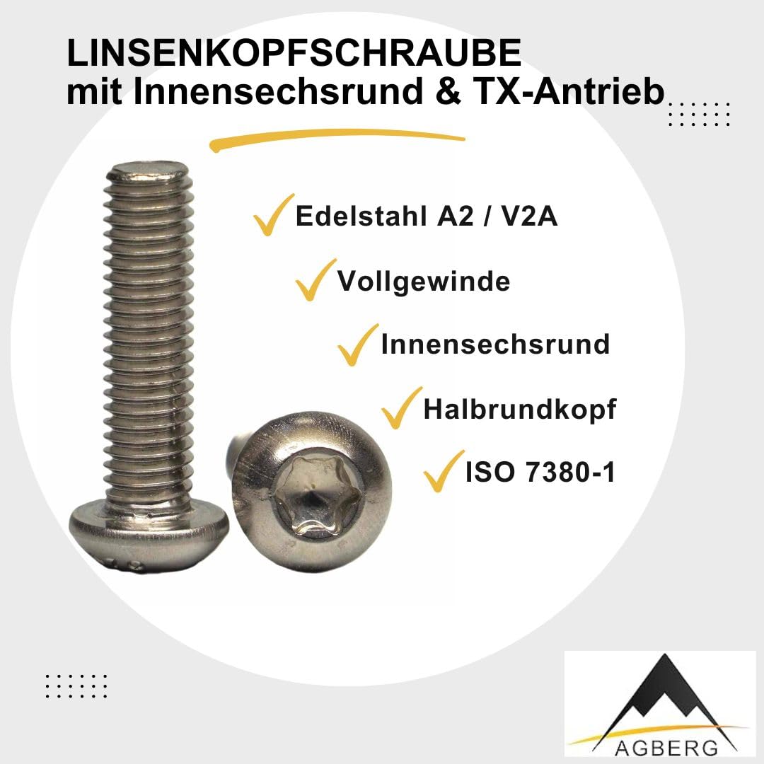 M12x16 mm (100 Stück) Linsenkopf-Schrauben mit Innensechsrund TX - Edelstahl VA A2 V2A - Edelstahlschrauben mit Flachkopf rostfrei - ISO 7380 | AGBERG