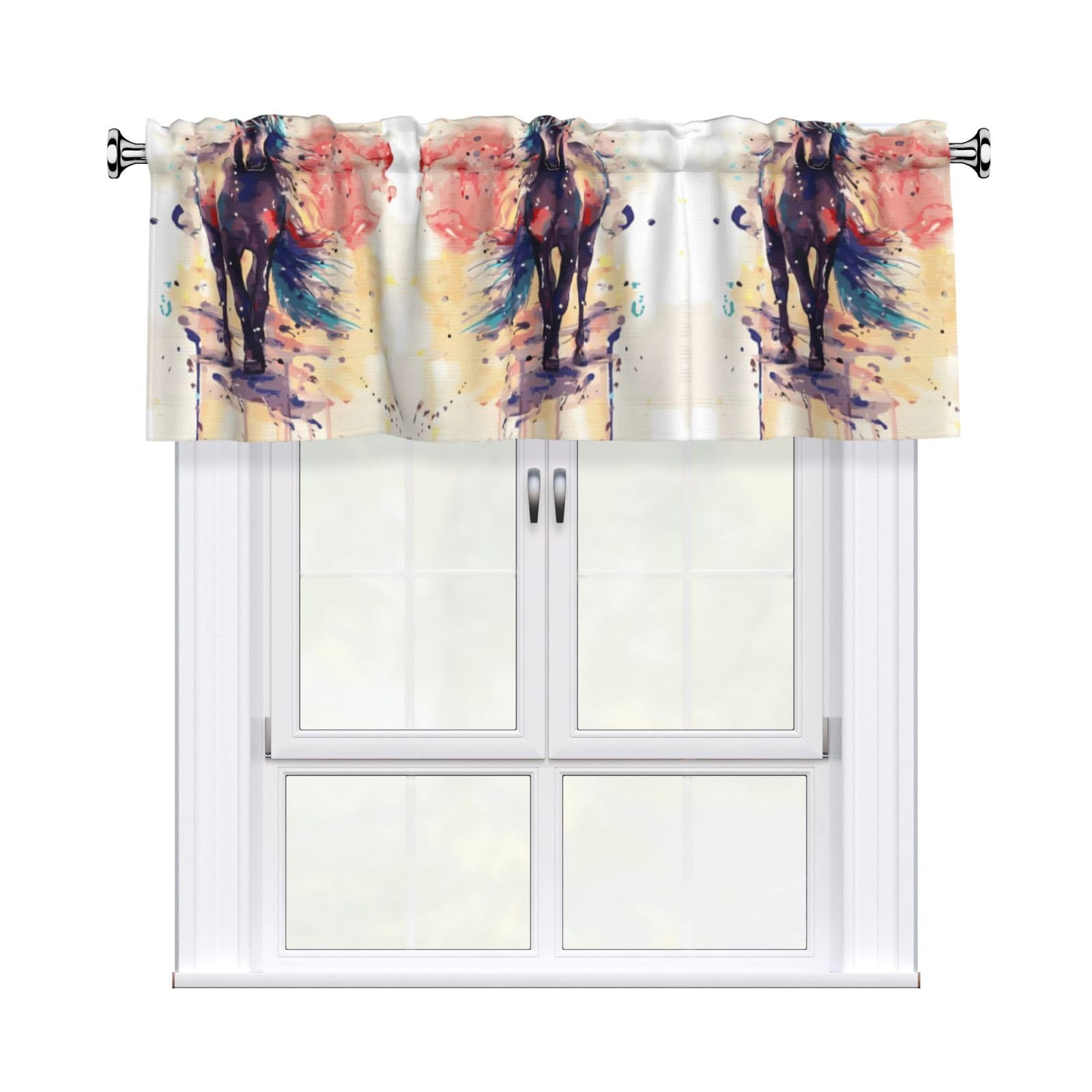 HJFCZH WHJSSF Watercolor Horse Prints 54x18in Curtain Valance - Peach Skin Polyester Kitchen Cover with Light Filtering Floral & 3" Rod Pocket