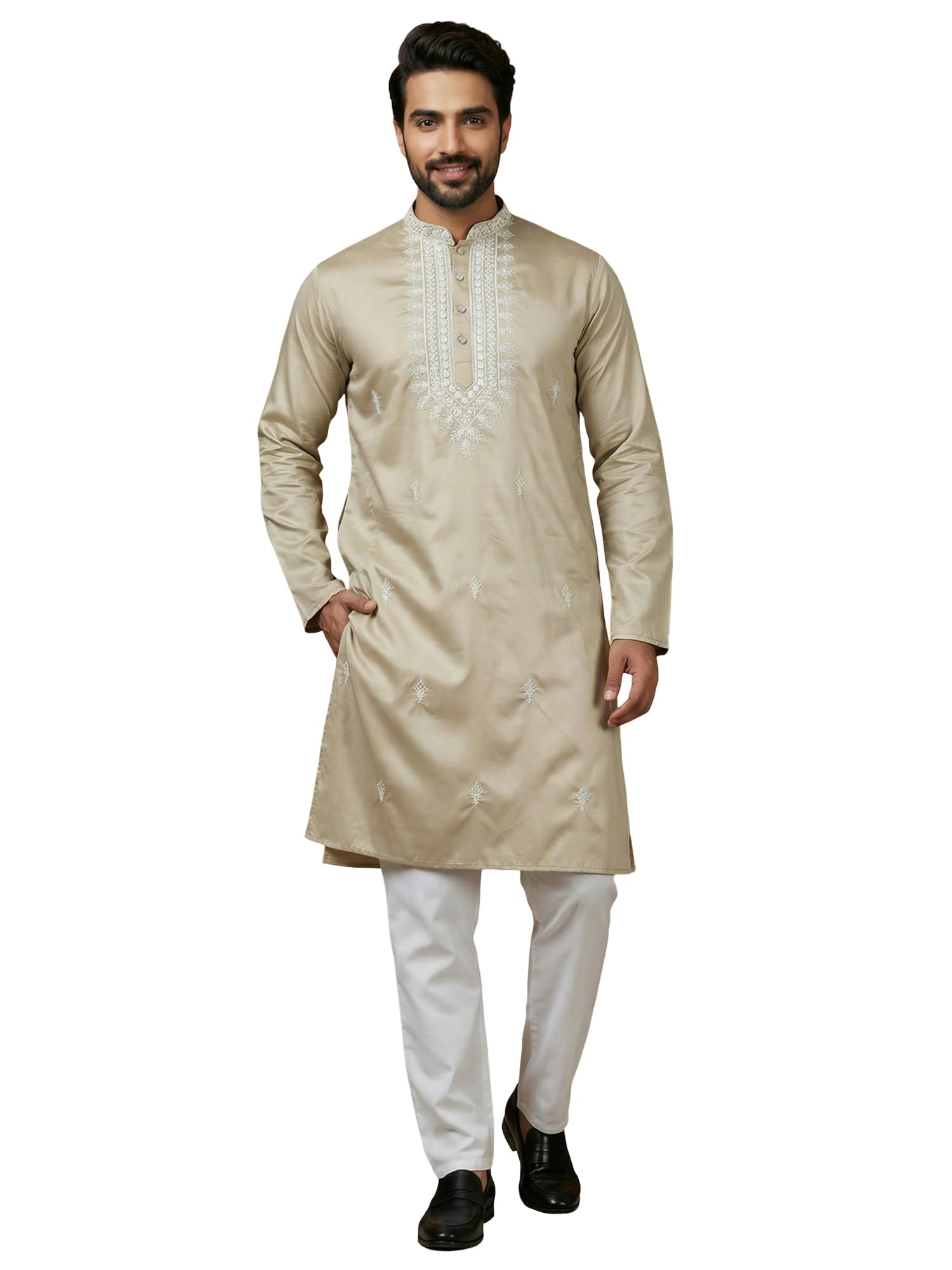 amazon brand - tavasya Men Collar Embroidered & Sequin Regular Fit Kurtas | Ethnic Wear | Festive | Cotton Blend | Knee Length-picture-38