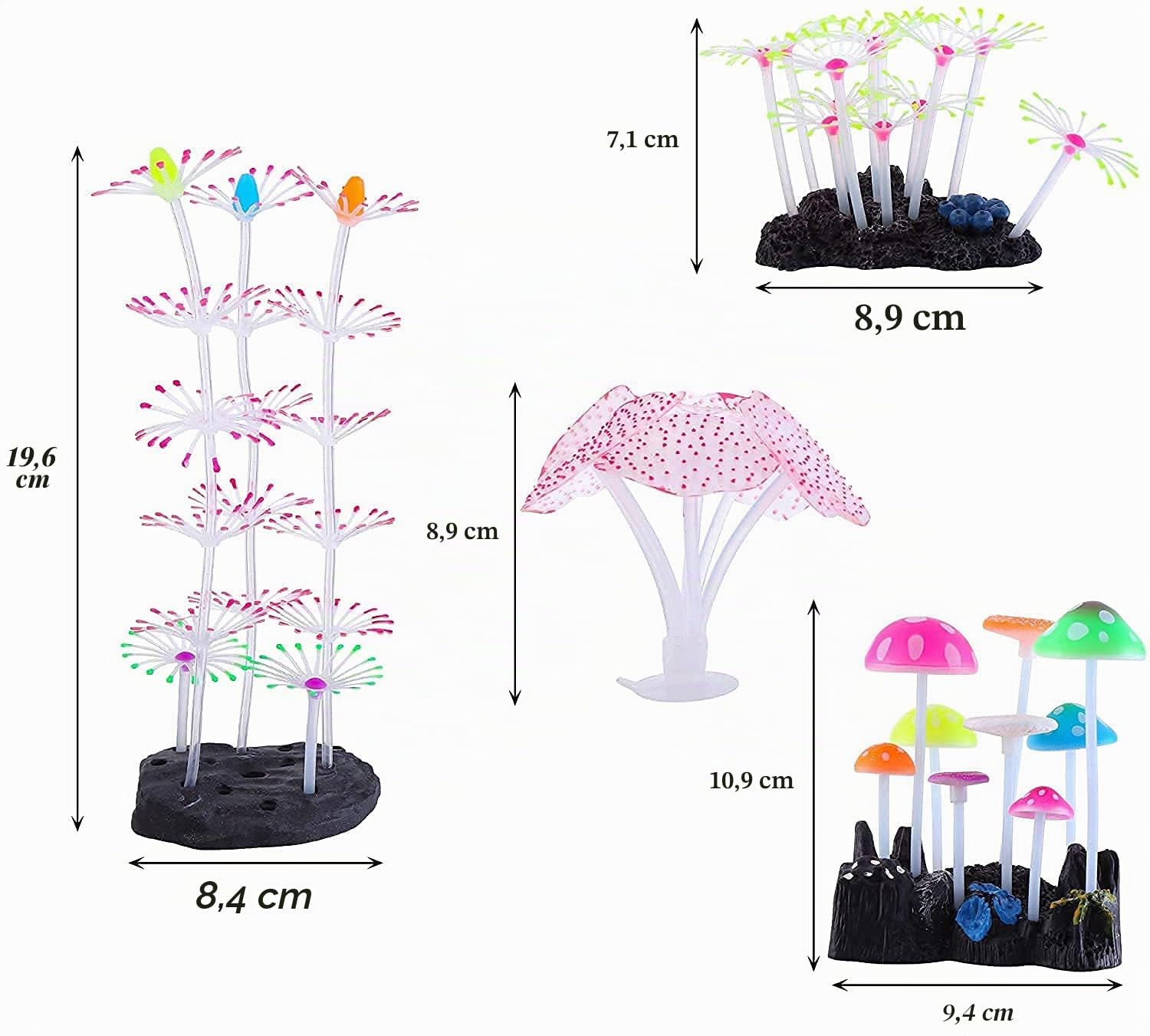 Podazz Lot de 4 Décorations Fluorescentes pour Aquarium, Corail Artificiel et Anémone en Silicone avec Ventouse, Ornements Aquarium pour Eau Douce, Eau de Mer, Nano Bac et Décor Récif
