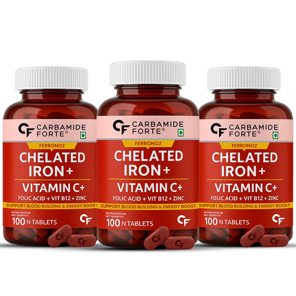 Carbamide Forte Chelated Iron + Vitamin C, B12, Folic Acid & Zinc - 100 Veg Iron Tablets (Pack of 3)