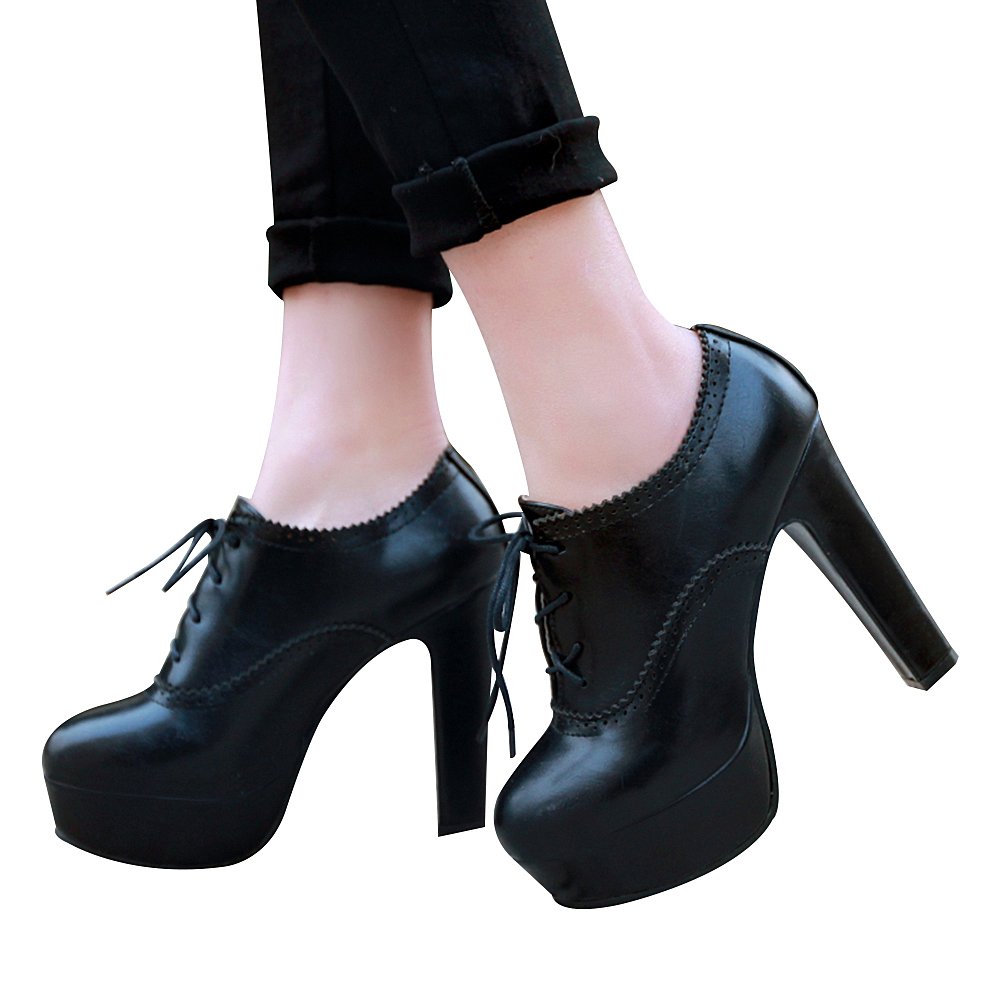 Femmes Vintage Haut Plateforme Bloc Talon Escarpins Élégant Lacets Brogue Oxfords/Derby