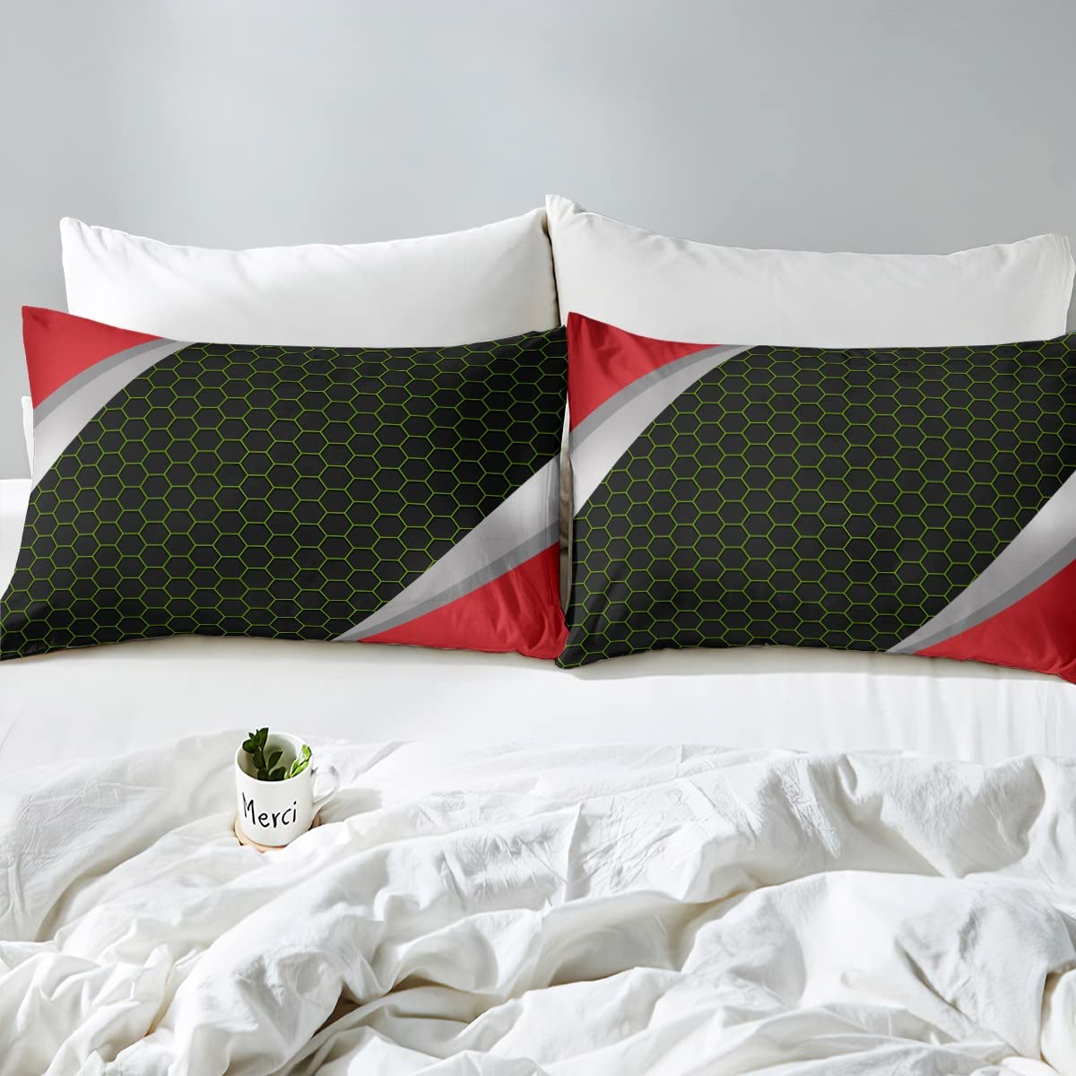 Loussiesd Geometrie beddengoedset voor meisjes, jongens, kinderen, honingraat dekbedovertrek, zeshoekig, geometrisch, rood/grijs/groen, dekbedovertrek met bijenkorf, simplistische spreihoes Loussiesd Geometrie beddengoedset voor meisjes, jongens, kinderen, honingraat dekbedovertrek, zeshoekig, geometrisch, rood/grijs/groen, dekbedovertrek met bijenkorf, simplistische spreihoes