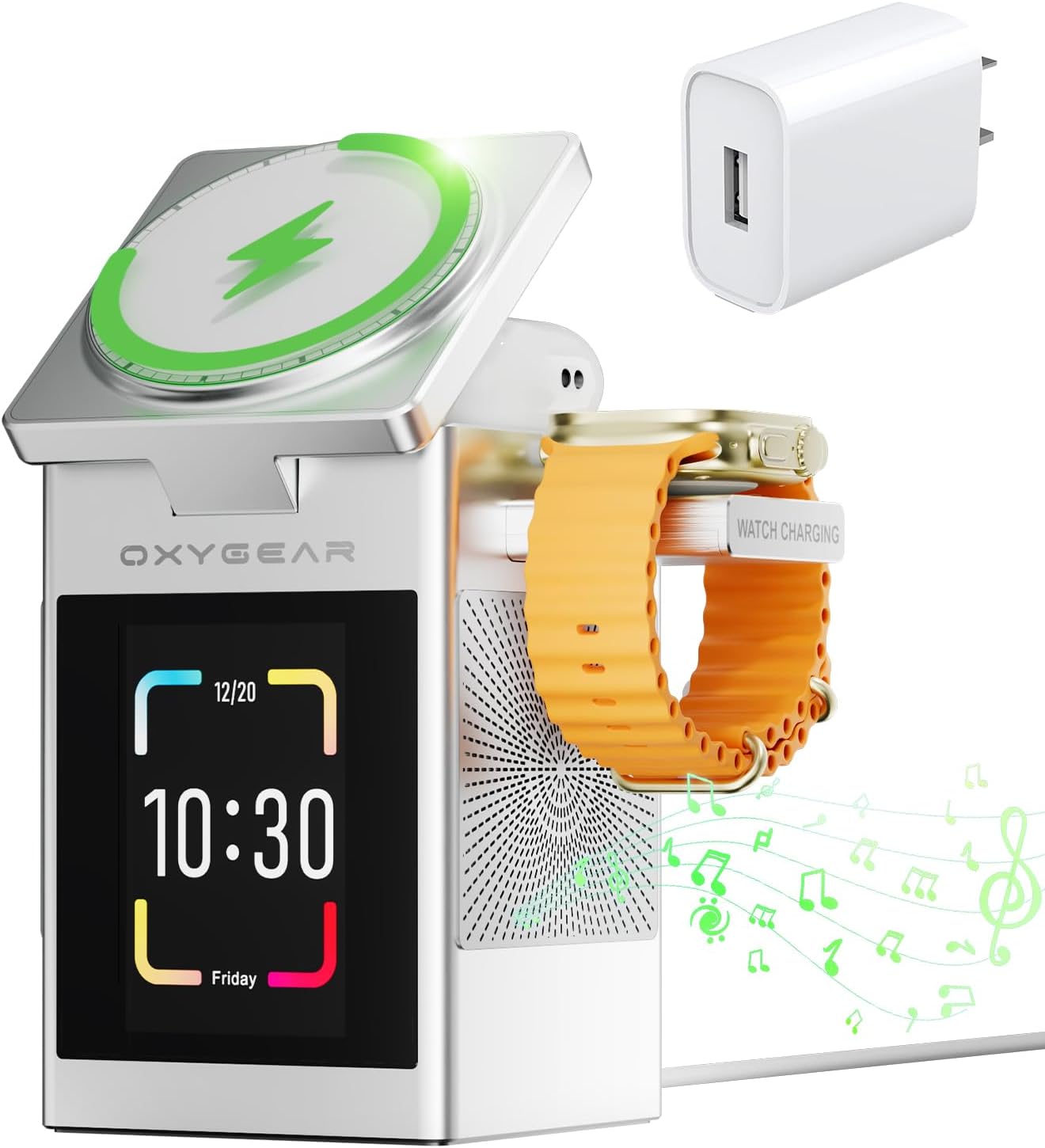 7-In-1 Wireless Charging Station for Multiple Devices for iPhone iWatch AirPods, LCD Touch Screen Charging Stand with Bluetooth Speaker, Alarm Clock, Qi Magnetic 15W fast charging, 20W Adapter, Sliver