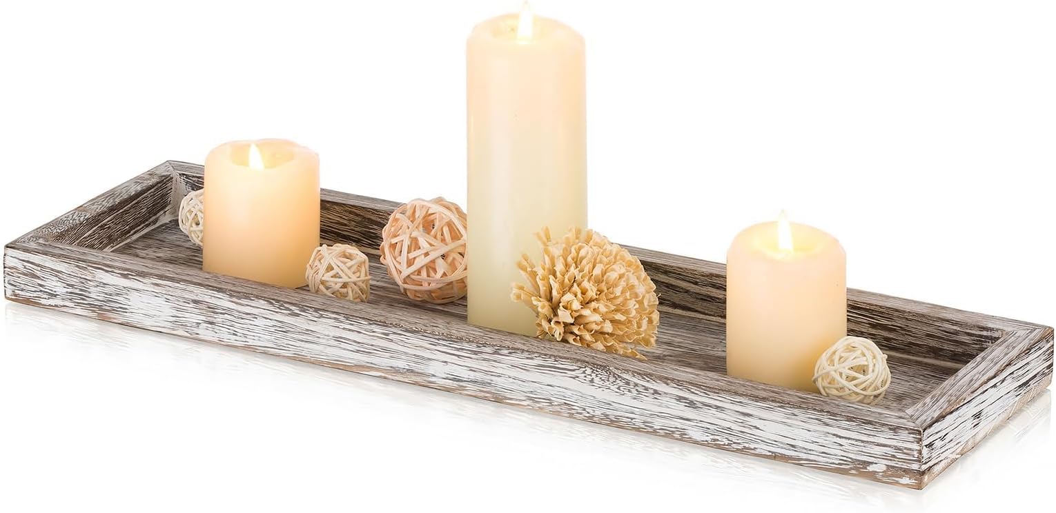 Rectangle Wooden Decorative Tray - Candle Display Tray for Table Centerpiece Home Decor Dining Living Room Bedroom Coffee Bar Decoration