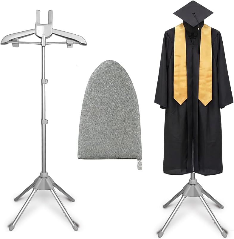 Garment Steamer Rack with Ironing Gloves | Foldable, height adjustable. Use as drying rack, gown display stand, or clothes hanger. Grey. For home, travel & daily use.
