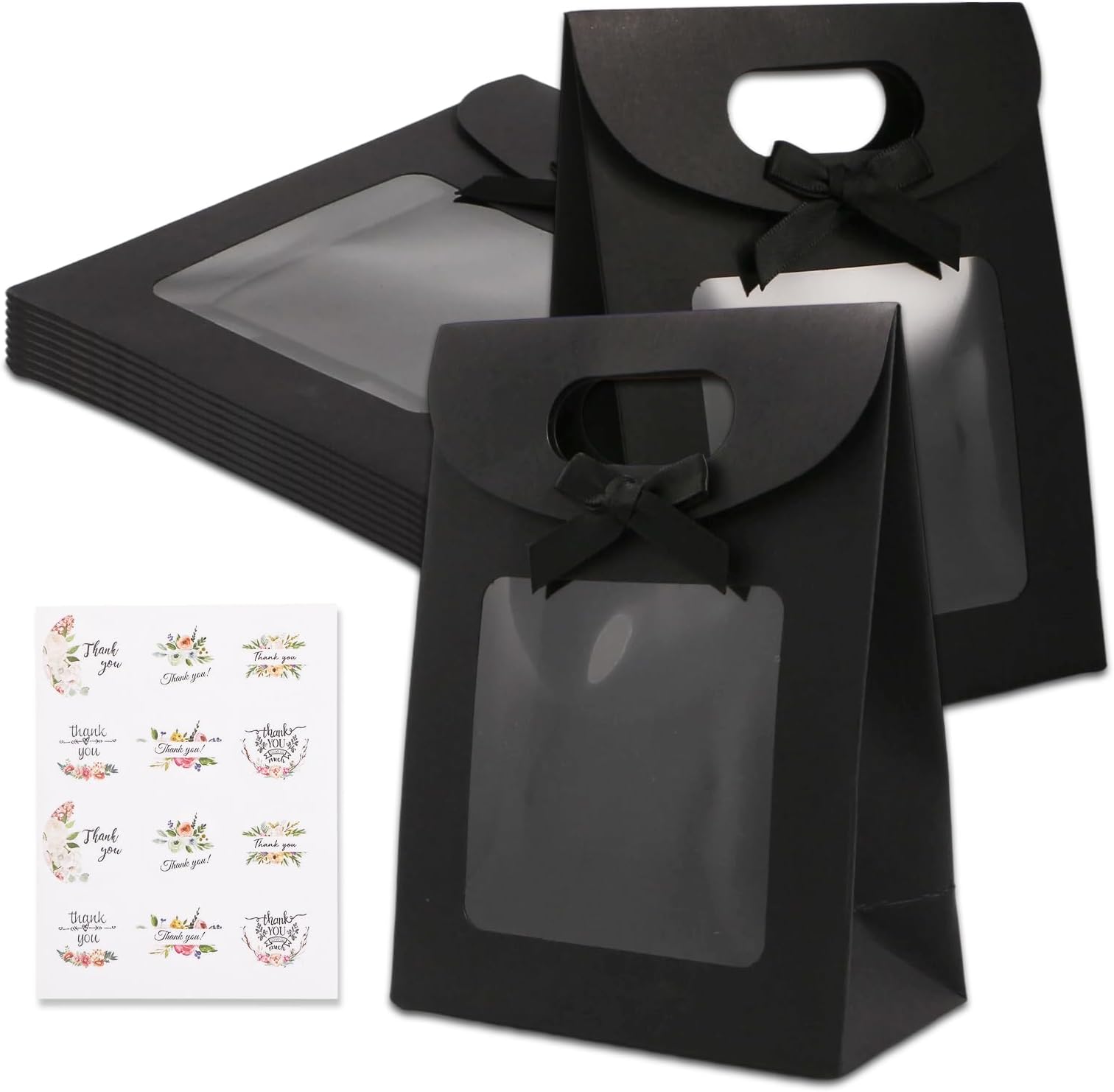 Kraft Gift Bags, 10 Piece Kraft Bags with Window and Handle, Includes 1 Sticker, Upright Gift Wrap for Cookies, Treats and Gifts, Black