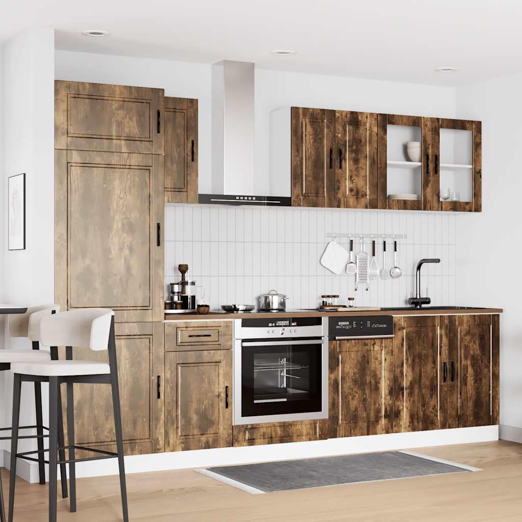 8-TLG. Küchenschrank-Set Porto Räuchereiche - Moderne Küchenzeile aus Holzwerkstoff mit Glas-Hängeschrank, Spülschrank, Backofenschrank und Hochschrank für viel Stauraum