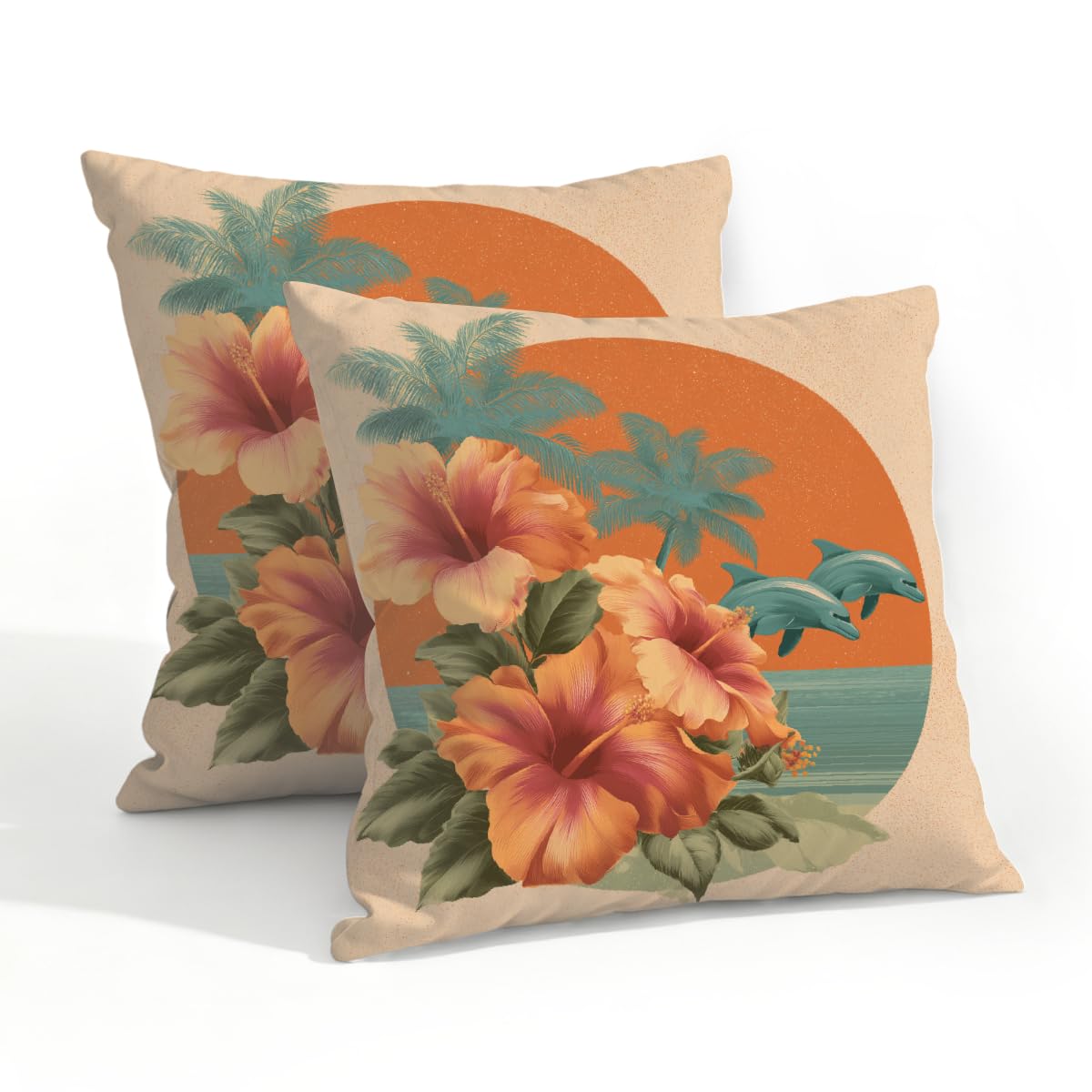 Outdoor Pillow Covers Waterproof Pillowcases 20x20in Set of 2 Ocean Sunset Flowers Dolphins On Retro Decorative Throw Cushion Case for Couch Sofa Garden Patio Furniture