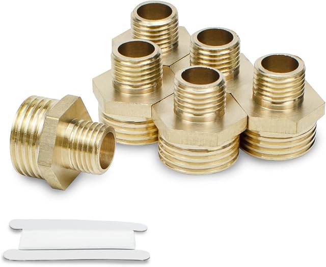 Bwintech 6 Pcs 1/2" Male to 1/4" Male BSP Thread Brass Hex Nipple Reducing Connector for Pipe Connecting Conversion