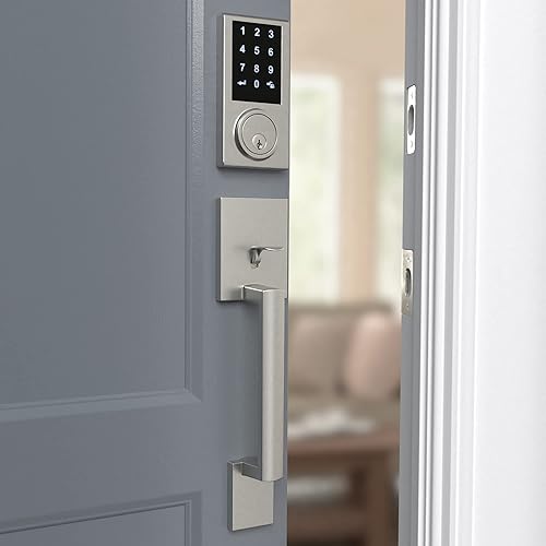 Miniatura 6 de Tienda Basics Cerradura electrónica del teclado de la puerta del cerrojo de la pantalla táctil del grado 3 con manija, acabado de níquel satinado,