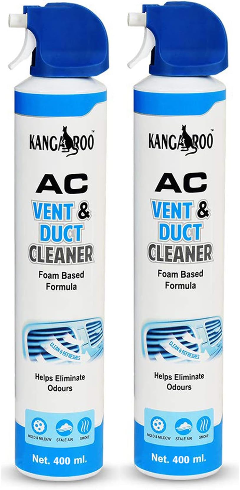 Kangaroo Car AC Vent & Duct Cleaner Odor Neutralizer Spray Form with Long Nosal Pipe for Effective Cleaning 400 ml - Pack of 2