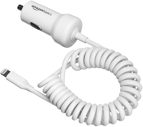 AmazonBasics Coiled Cable Lightning Car Charger, 1.5 Foot, White
