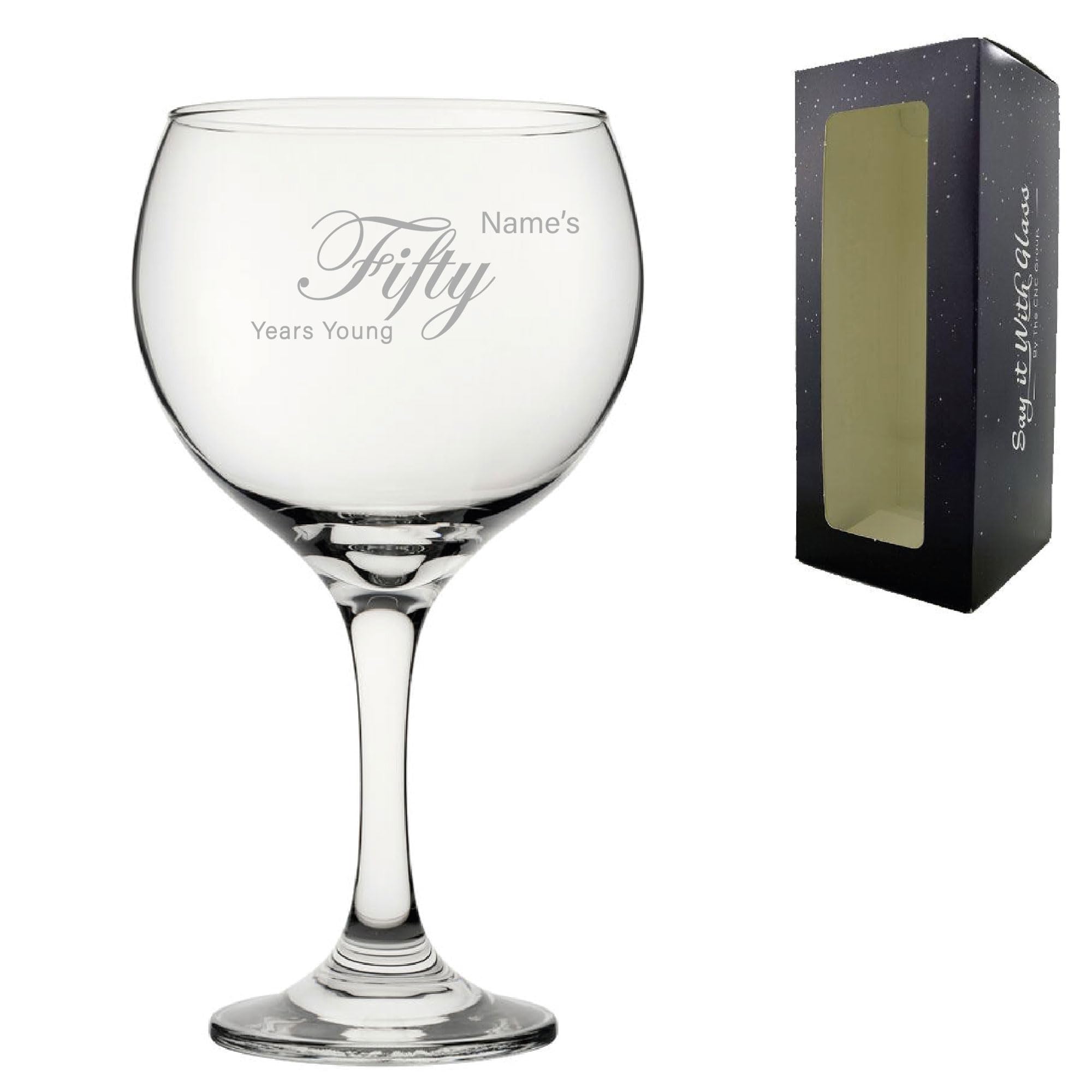 Personalised Engraved 50th Birthday Gin and Cocktail Glass, Name's 50 Years Young, Gift for Women, Mum, Auntie, Curly Font, 640ml or 22.5oz Cubata Gin Balloon, Engraved in The UK