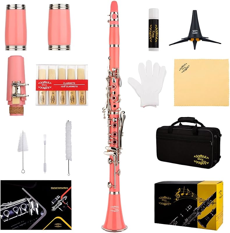 GLY-CLAPK Professional Ebonite Bb Clarinet with 10 Reeds, Stand, Hard Case, Cleaning Cloth, Mouthpiece Brush and Pad Brush,Pink/Silver