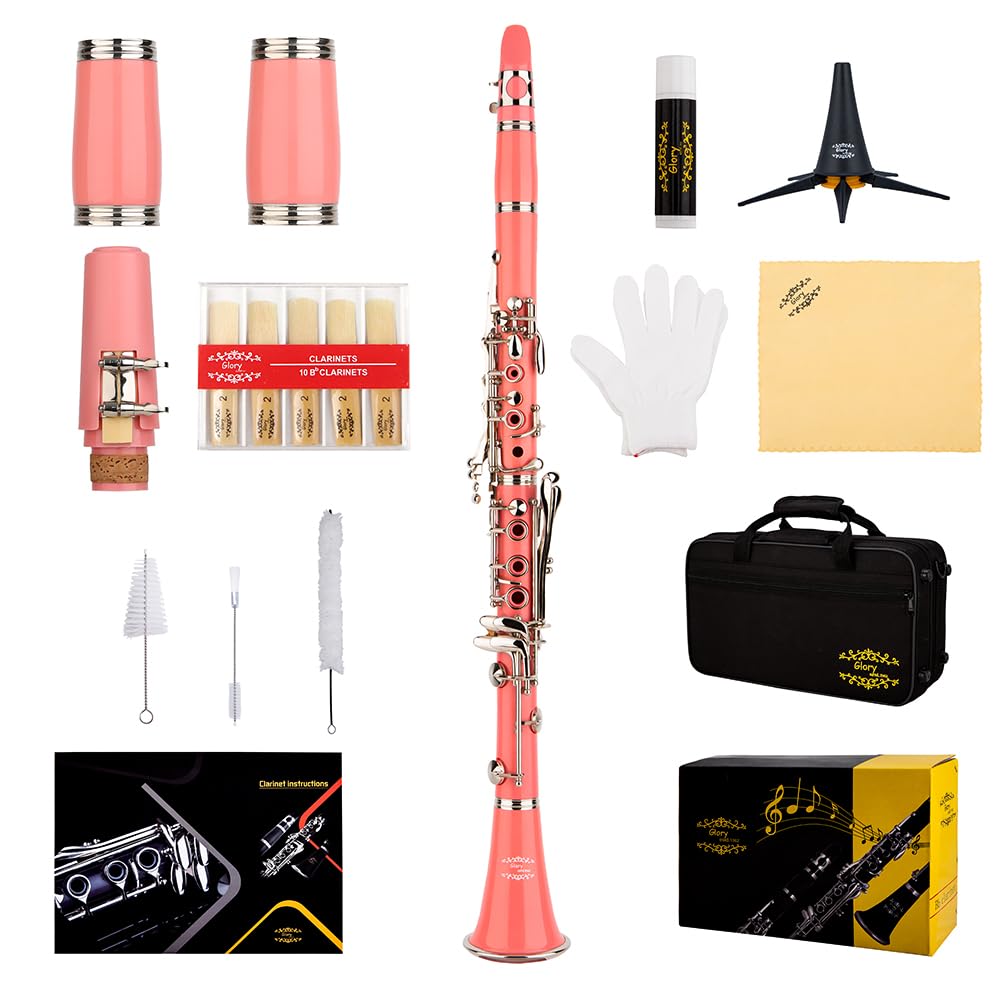 Glory GLY-CLAPK Professional Ebonite Bb Clarinet with 10 Reeds, Stand, Hard Case, Cleaning Cloth, Mouthpiece Brush and Pad Brush,Pink/Silver